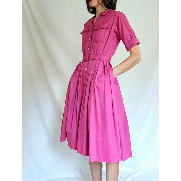 1950s Vintage Shirtwaist Dress: Hot Pink Pleated Cotton Day Dress, Womens - Picture 1 of 13